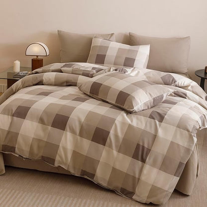 Wellboo Beige Plaid Comforter Sets Cal King Light Brown and Taupe Checkered Bedding Comforters Modern Khaki Grid Quilt Blankets Women Men Beige Checkerboard Bedding Soft Luxurious Geometric Bed