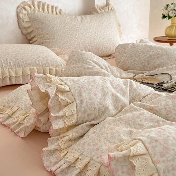 BuLuTu French Cottage Pink Floral Duvet Cover Full, Lace Bedding Set for Teens Girls Ruffled Duvet Cover, Soft Breathable Muslin Cotton Comforter Cover with Zipper Closure, 4 Ties