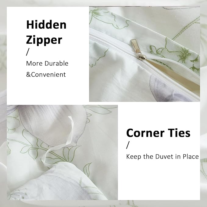 Floral Duvet Cover Queen Size 100% Cotton Reversible Green Floral Duvet Cover Set with Zipper Closure 3 Pcs Green Leaf Soft & Breathable Bedding Comforter Cover