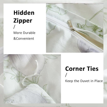 Floral Duvet Cover Queen Size 100% Cotton Reversible Green Floral Duvet Cover Set with Zipper Closure 3 Pcs Green Leaf Soft & Breathable Bedding Comforter Cover