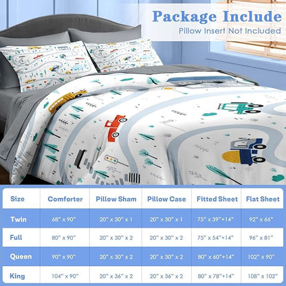 Comforter Set Queen Size, Cute Car City 7 Pcs Bedding for Kids and Adults, Cartoon Tree Truck Bed Sheet Sets with Fitted Sheet 2 Pillowcases & 2 Shams for Bedroom Bed Decor