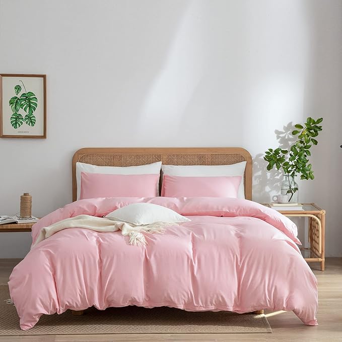 Jane yre Pink Duvet Cover Queen, 100% Washed Microfiber 3 Pieces Bedding Queen with Zipper Closure, Soft Natural Slight Wrinkled Comfy