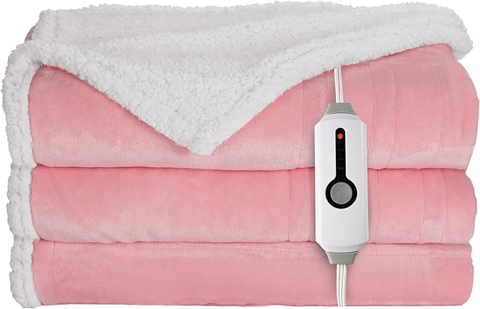 Electric Heated Blanket Throw Size - 50"x60", Soft Flannel Heating Blanket, 4 Heating Levels, 3 H Auto Shut Off, Breathable Warm and Washable for Sofa, Light Pink