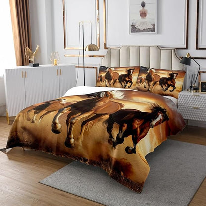 Erosebridal 3D Animal Bedspread Set Brown Horse Bed Cover Set Wild Running Horse Pattern Design Coverlet Set for Kid Teen Girls Boys Bedding with Zipper Ties 1 Duvet Cover 1 Pillowcase (Horses, Twin)