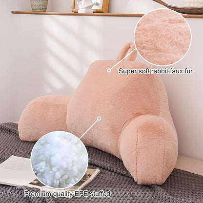 Holawakaka Large Faux Fur Bed Rest Pillow with Arms,Rabbit Fur Reading Pillows Perfect for Adults Men Women, Arm, Back, Pregnancy Lumbar & Head Neck Coccyx Lower Back Support Cushion (Blush)