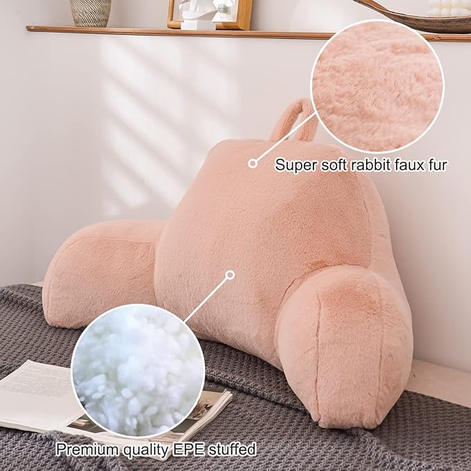 Holawakaka Reading Pillow for Sitting up in Bed Sofa Kids Teens, Backrest Pillow with Arms for Girls Women Petites Pregnancy, Back Support Cushion for Couch Floor Nursery Playroom Blush