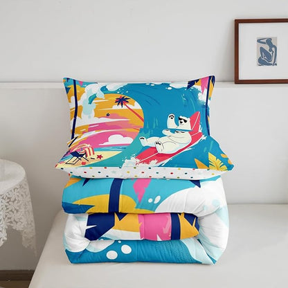 Castle Fairy Surfing Polar Bear Comforter Set Toddler Size Hawaiian Summer Beach Bedding Set Kids Boys Girls Summer Vacation All Season Quilt Set Palm Trees Silhouette Bedding Comforter Sets,2Pcs