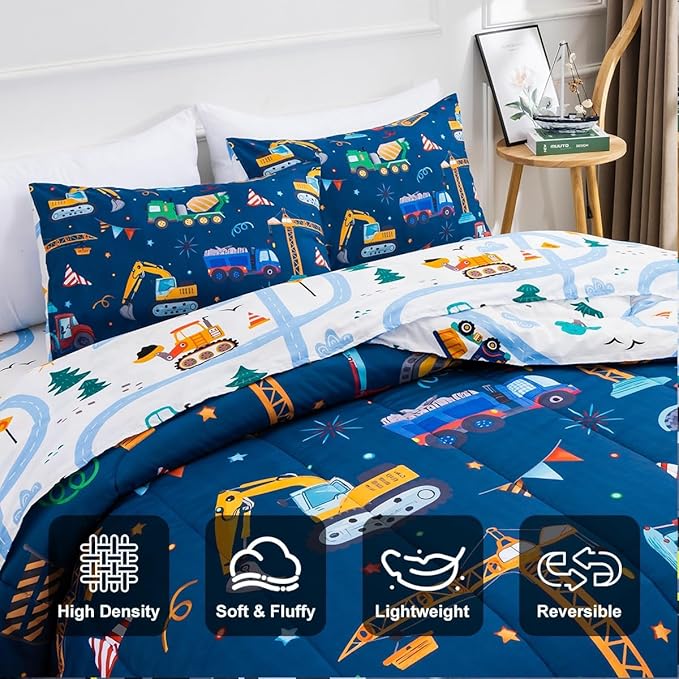 Holawakaka Trucks Tractors Cars Boy Bedding Comforter Set with Sheets, Full Size Cartoon Construction Car Excavator Print Kids Bed in A Bag 5-Piece, Boys Reversible Dorm Bed Sets (Navy Blue Full)