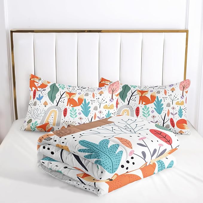 Fox Bedding Comforter Set King Size for Kids Teens Cute Cartoon Forest Fox Printed Quilt Set for Bedroom Soft Microfiber All Season Print Quilt Set with 1 Comforter and 2 Pillowcases