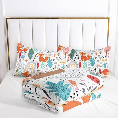 Fox Bedding Comforter Set King Size for Kids Teens Cute Cartoon Forest Fox Printed Quilt Set for Bedroom Soft Microfiber All Season Print Quilt Set with 1 Comforter and 2 Pillowcases