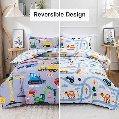 Holawakaka Trucks Tractors Cars Boy Bedding Comforter Set with Sheets, Full Size Cartoon Construction Car Excavator Print Kids Bed in A Bag 5-Piece, Boys Reversible Dorm Bed Sets (Red Full)
