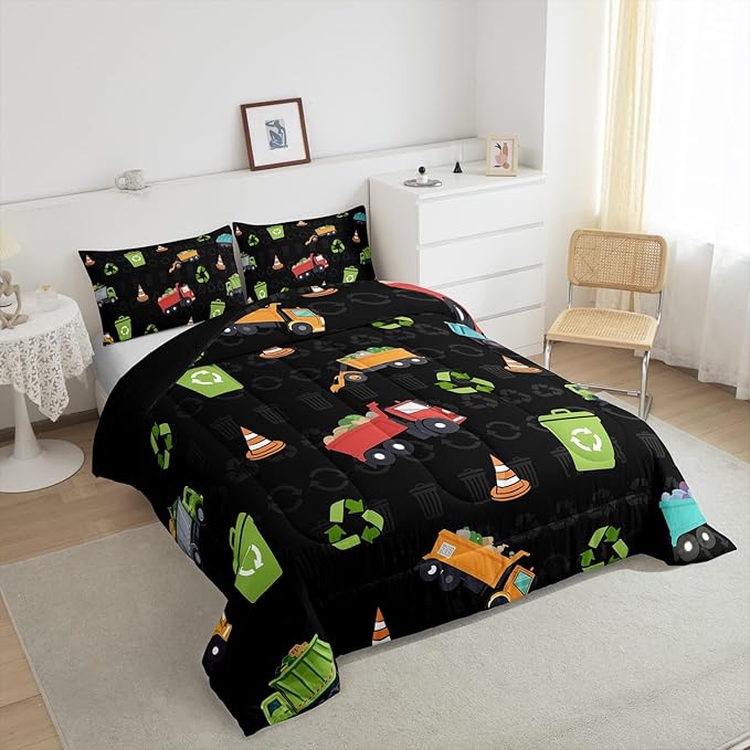 Erosebridal Full Size Garbage Truck Comforter Set for Boys Girls Kids Cartoon Car Vehicles Bedding Comforter Sets Trash Can Waste Management Vehicle Duvet Set Refuse Classification Quilt 3 Piece
