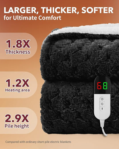 Homemate Heated Blanket Electric Throw - 50"x60" Heating Blanket Throw 1/2/4/6/8 Hours Auto-Off 10 Heat Levels Over-Heat Protection Luxury 800 GSM Faux Fur 200 GSM Sherpa ETL Certification
