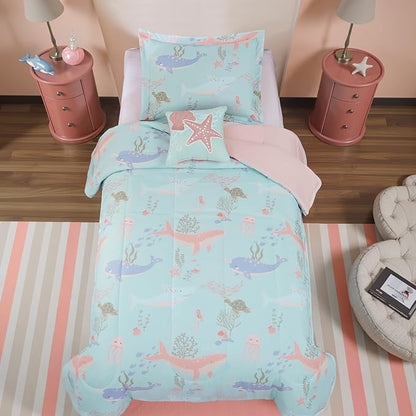 Twin Comforter Set for Girls Kids - 3 Pieces Ocean Animals Twin XL Bedding Set with 1 Comforter, 1 Decor Pillow & 1 Pillow Sham