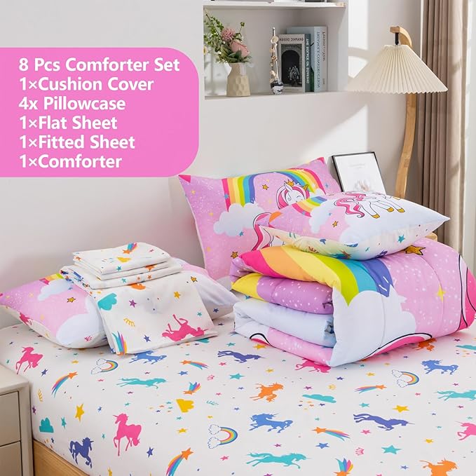Unicorn Queen Bedding Sets for Girls Kids Teens, 8 Piece Bed in a Bag Purple Rainbow Theme Unicorn Comforter Set Bedroom Decor with Printed Sheet Set