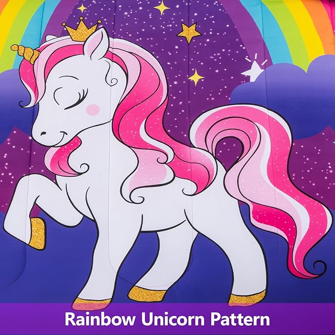 Unicorn Full Bedding Sets for Girls Kids Teens, 8 Piece Bed in a Bag Purple Rainbow Theme Unicorn Comforter Set Bedroom Decor with Printed Sheet Set