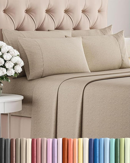 Full 6 Piece Sheet Set - Comfy Breathable & Cooling - Soft Hotel Luxury Bedding Set with 8-16 Inch Deep Pockets - 1 Flat & 1 Fitted Sheet & 4 Pillowcases - Wrinkle Free & Easy Care - Heathered Beige