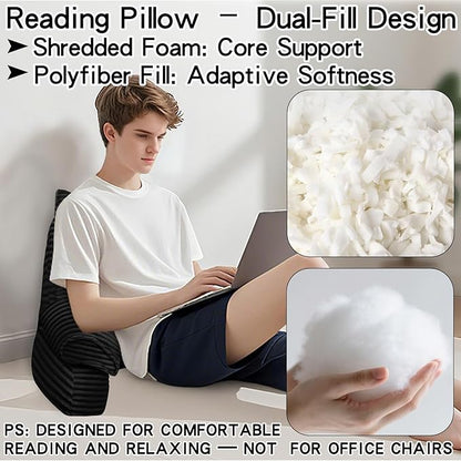 RRPAHWTV Reading Pillow for Bed with High Arm Rests,Back Support Pillow for Sitting Up in Bed with Shredded Memory Foam for Reading, TV, Gaming or Relaxing on Floor（Ink Black，Small）