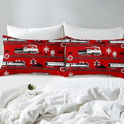 Erosebridal Boys Train Full Comforter Set Cartoon Car Toddler Bedding, Traffic Transportation Track Comforter for Kids Teens Vintage Steam Engine Railway Decor Quilt Set Room 3Pcs, Red White Black
