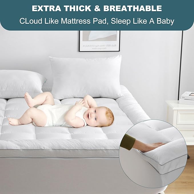 UNILIBRA Full Size Mattress Pad Pillow Top Mattress Cover Padded with Down Alternative Filling Quilted Fitted Mattress Protector Streches up 8-19" Deep Pocket Cooling Mattress Topper