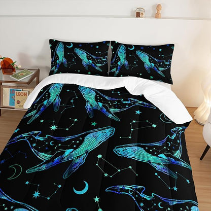 Whale Print Comforter Marine Life Bedding Set,Glowing Stars Moon Constellation Pattern Comforter Sets for Kids Boys Girls Room Decor,Cute Coastal Bedding Set Queen Size with 2 Pillowcases.