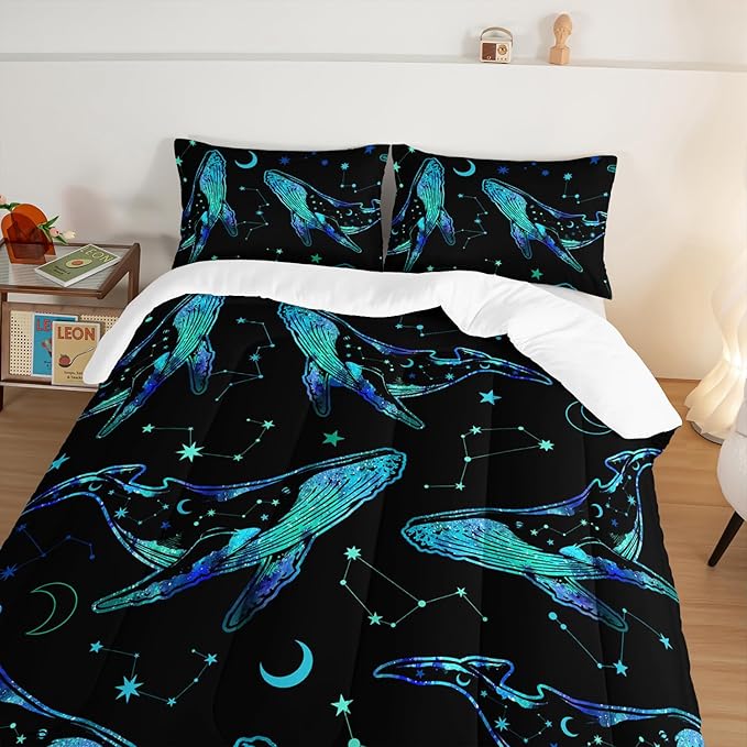 Whale Print Comforter Marine Life Bedding Set,Glowing Stars Moon Constellation Pattern Comforter Sets for Kids Boys Girls Room Decor,Cute Coastal Bedding Set King Size with 2 Pillowcases.