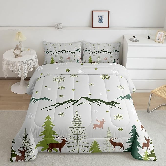 Castle Fairy Christmas Snowflakes Bedding Set Full Size Cartoon Elk Silhouette Comforter Set for Kids Teens Room Decor Mountain Pine Tree Duvet Insert Xmas Theme Animal Down Comforter Set,3Pcs