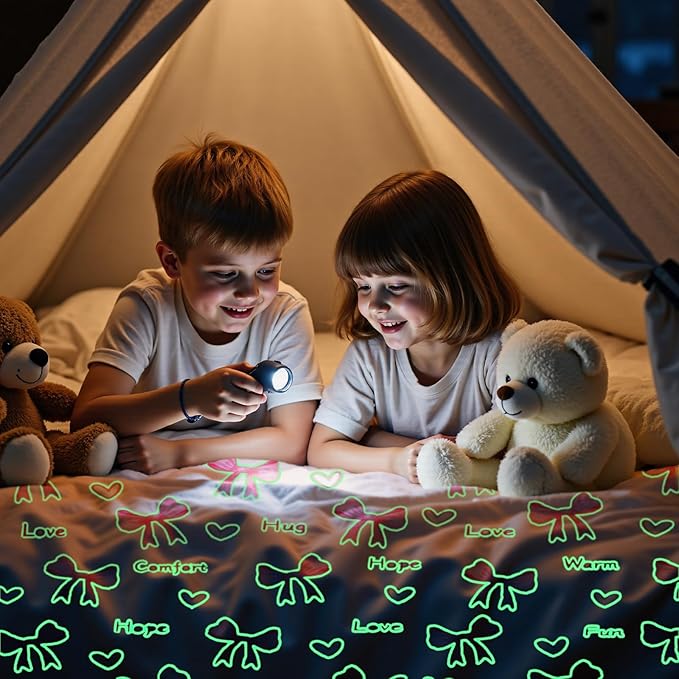 Lotus Karen Pink Bow Glow in The Dark Love Blanket Birthday Gifts for Girls 1 2 3 4 5 6 7 8 9 10 11 12 Kids Blanket with Heart Halloween Christmas Girl Gifts Ideas Cute Bedroom Decor（Pink Bow 60"×80"