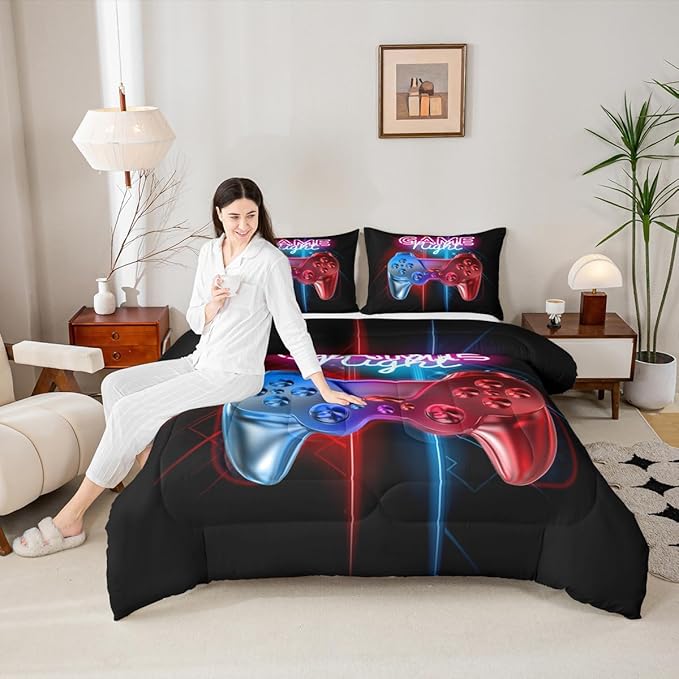 Feelyou Boys Gaming Comforter Set Toddler Size Teens Gamer Bedding Set Modern Blue Red Video Game Controller Comforter for Kids Children Youth Bedroom Decor Gamer Console Action Buttons Duvet Set
