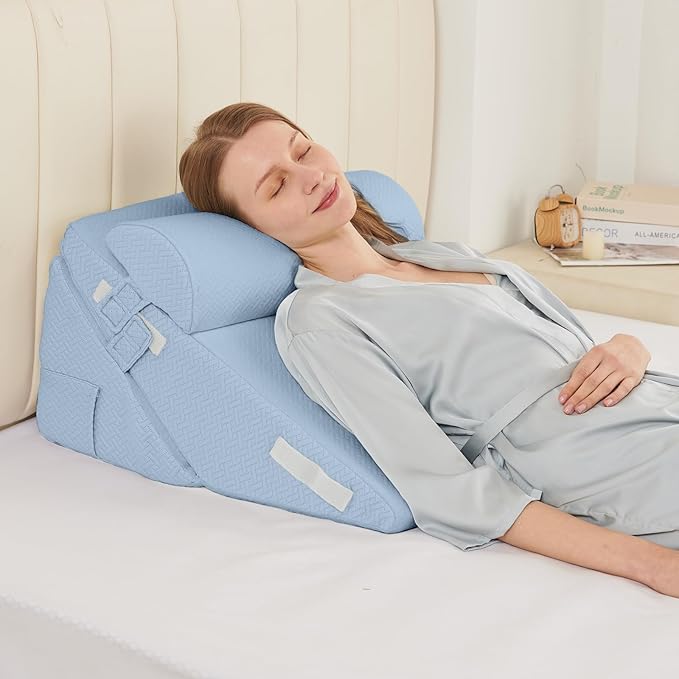 Sasttie Wedge Pillow Set for After Surgery, 2PCS Adjustable Bed Wedge Pillow Headboard with Memory Foam Neck Cushion – for Acid Reflux, Sleeping, Neck & Back Support, Blue