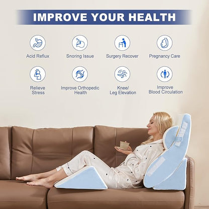 4PCS Wedge Pillow Set for Sleeping – Orthopedic Bed Pillow for Post Surgery, Adjustable Memory Foam Support for Sitting Up in Bed, Back Pain, GERD, Snoring Relief, White Blue