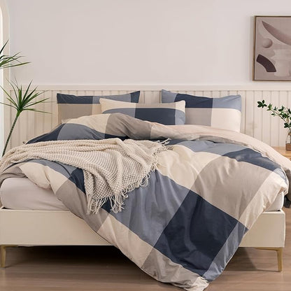 Jane yre King Duvet Cover Set Plaid 100% Brushed Microfiber Reversible 3 Pieces Bedding Set Vintage Style Checkered Pattern Geometric Duvet Cover King with Zipper Closure Luxury Soft Breathable Comfy