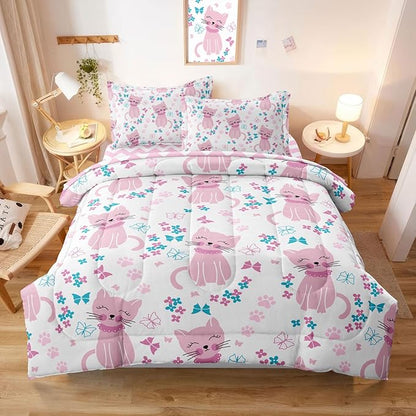Kids Cat Bedding Twin Size Bed in a Bag, Cute Pink Animal Comforter Set for Teen Girls Bedroom Decor, Kawaii Floral Butterfly Bedding Sets & Collections