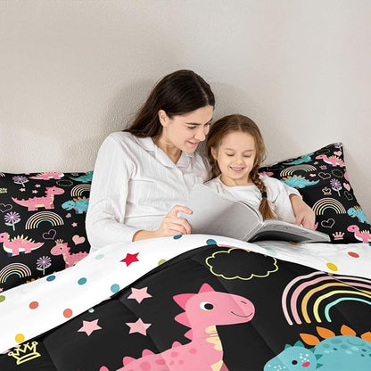 Castle Fairy Lovely Dino Kids Comforter Set Toddler Size,Cute Rainbow Floral Love Heart Reversible Quilt Set for Boys Bedroom Decor,Pink Black Dinosaur Kawaii Animal Duvet Insert,1 Pillowcase