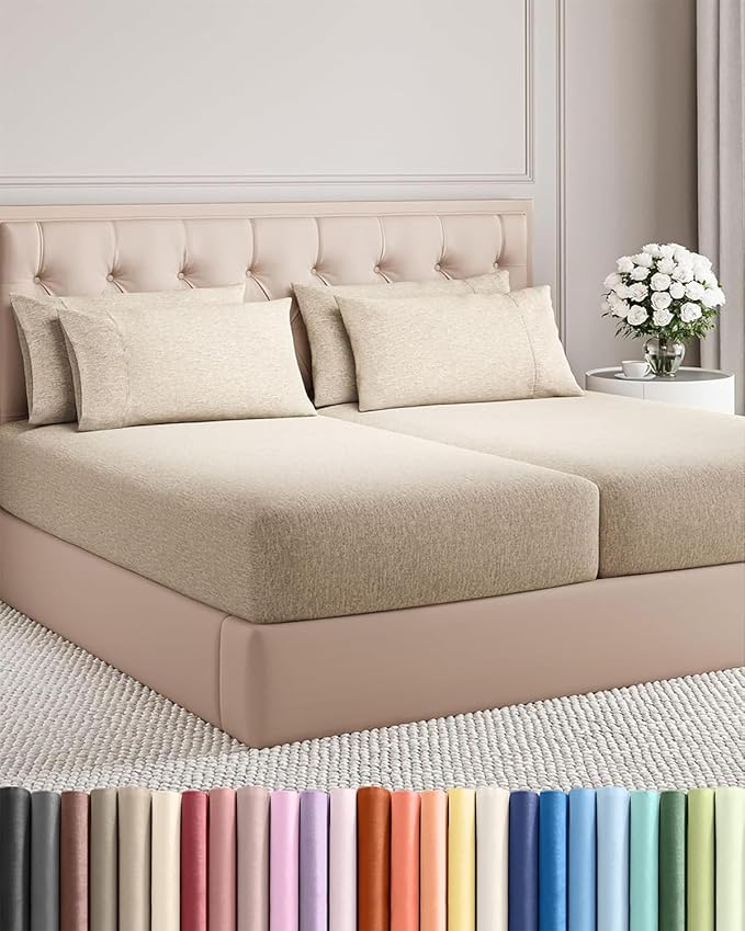 Split King Sheets Set 7 Piece - Includes 4 Pillowcases - Bed Sheets Split King - Soft Hotel Luxury Bedding - Cooling & Breathable - 1 Flat & 2 Fitted & 4 Pillowcases w/ Deep Pockets - Heathered Beige