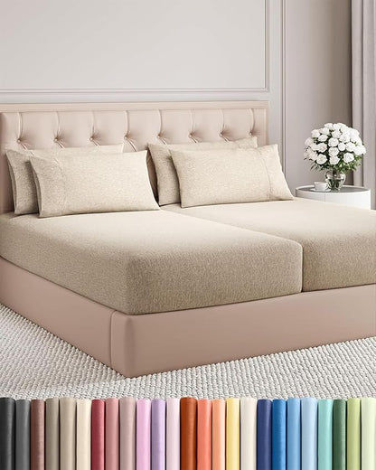 Split King Sheets Set 7 Piece - Includes 4 Pillowcases - Bed Sheets Split King - Soft Hotel Luxury Bedding - Cooling & Breathable - 1 Flat & 2 Fitted & 4 Pillowcases w/ Deep Pockets - Heathered Beige