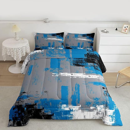 Feelyou Abstract Bedding Set Kids Modern Abstract Art Comforter Set Blue Grey Black Comforter for Boys Room Decor Lightweight Retro Duvet Set King Size with 2 Pillow Case