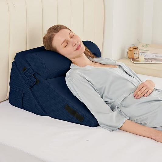 Sasttie Wedge Pillow Set for After Surgery, 2PCS Adjustable Bed Wedge Pillow Headboard with Memory Foam Neck Cushion – for Acid Reflux, Sleeping, Neck & Back Support, Navy