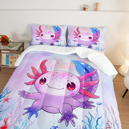 Cute Axolotl Bedding Set King Size,Pink Axolotl Waterweed Pattern Toddler Bed Comforter Set,Kawaii Sea Life Bedding Sets for Kids Boys Girls Room Decoration with 2 Pillowcases.
