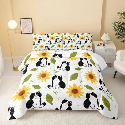 QOOMO Kawaii Cat Comforter Full Size,Sunflower Cat Comforter Set for Kids Teens Girls Boys,3Pcs Bedding Set Printed Comforter with 2 Pillowcases,Down Alternative,Soft and Lightweight，Full Size