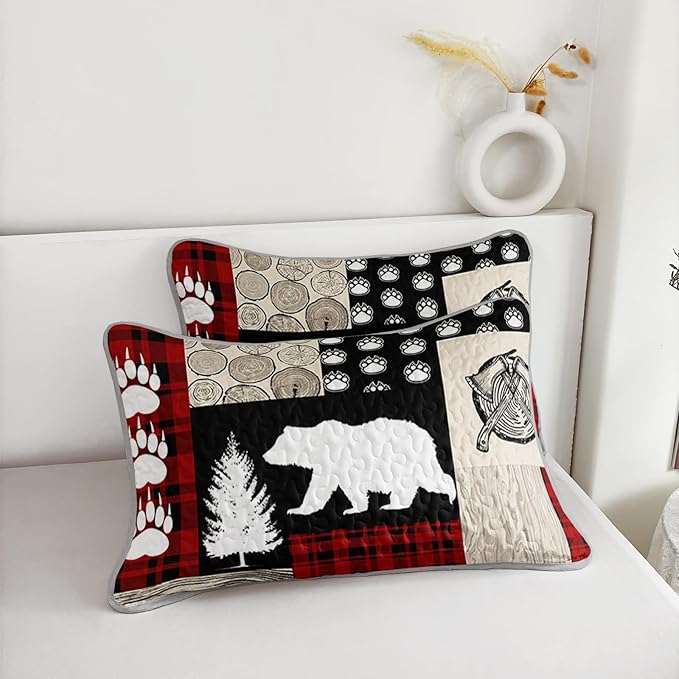 QOOMO Farmhouse Quilt Set Full/Queen Size,Hunting Bedspread Coverlet Set,Bear 3Pcs Bedding Set Printed Quilt with 2 Pillowcases,Soft and Lightweight,for All Seasons
