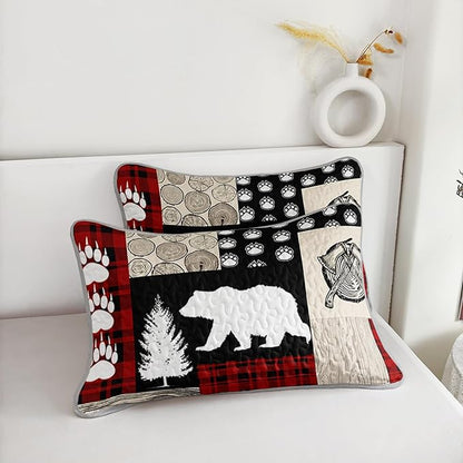 QOOMO Farmhouse Quilt Set Full/Queen Size,Hunting Bedspread Coverlet Set,Bear 3Pcs Bedding Set Printed Quilt with 2 Pillowcases,Soft and Lightweight,for All Seasons