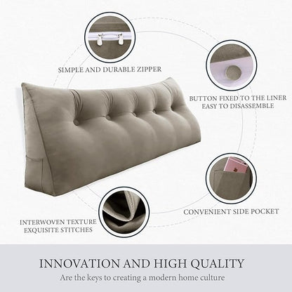 Headboard Pillow - 3 in 1 Large Bed Pillow as Wedge Reading Pillow, Large Couch Daybed Pillow or Positioning Support Backrest Back Cushion for Sitting in Bed Velvet Full Beige-Gray