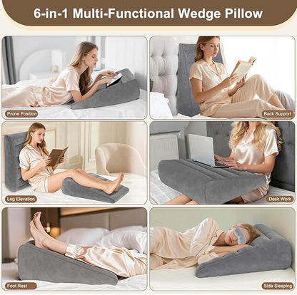 Inflatable Wedge Pillow for Sleeping - Inflatable Travel Pillow with Eye Mask for Head Shoulder,Back,Knee,Leg Elevation,Post-Surgery Support,Acid Reflux&Back Pain Relief,Snoring,Portable Wedge Cushion