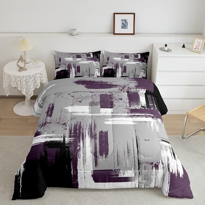 Feelyou Abstract Bedding Set Kids Modern Abstract Art Comforter Set Purple Grey Black Comforter for Boys Room Decor Lightweight Retro Duvet Set Toddler Size with 1 Pillow Case