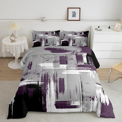 Feelyou Abstract Bedding Set Kids Modern Abstract Art Comforter Set Purple Grey Black Comforter for Boys Room Decor Lightweight Retro Duvet Set Toddler Size with 1 Pillow Case