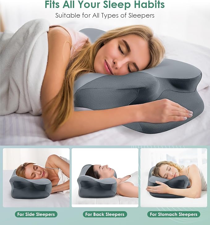 DONAMA Cervical Neck Pillow- Ergonomic Pillows for Pain Relief, Contour Memory Foam Pillow for Side/Back/Stomach Sleepers, CertiPUR-US Certified with Cooling Ice Silk Pillowcase