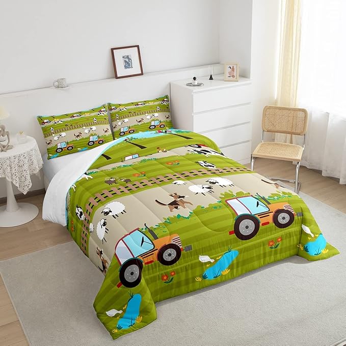Feelyou Tractor Bedding Sets for Boys Full Size, Toddler Kids Cute Cartoon Farm Animals Comforter Set Happy Farmhouse Country Warm Cozy Comforter for All Season Room Decor