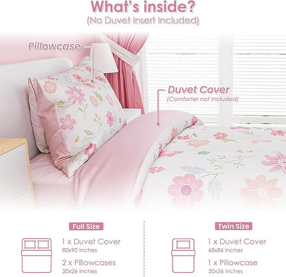 SANDJEST Floral Duvet Cover Sets Full Size for Kids Girls, Incude 1 Polyester Comforter Cover 80x90 Inches and 2 Pillowcases 20x26 Inches, Comforter Not Included, Gift for Christmas Birthday