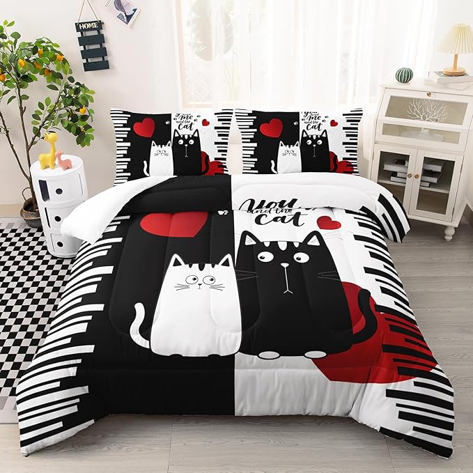 Kawaii Pet Cat Themed Comforter 3Pcs Twin Lover's Kitten Animal Bedding Set for Cat Lover Kid Teen Girl Boy Black White Cat Heart Pattern Quilt Bed Decor with 1 Comforter and 2 Pillowcases